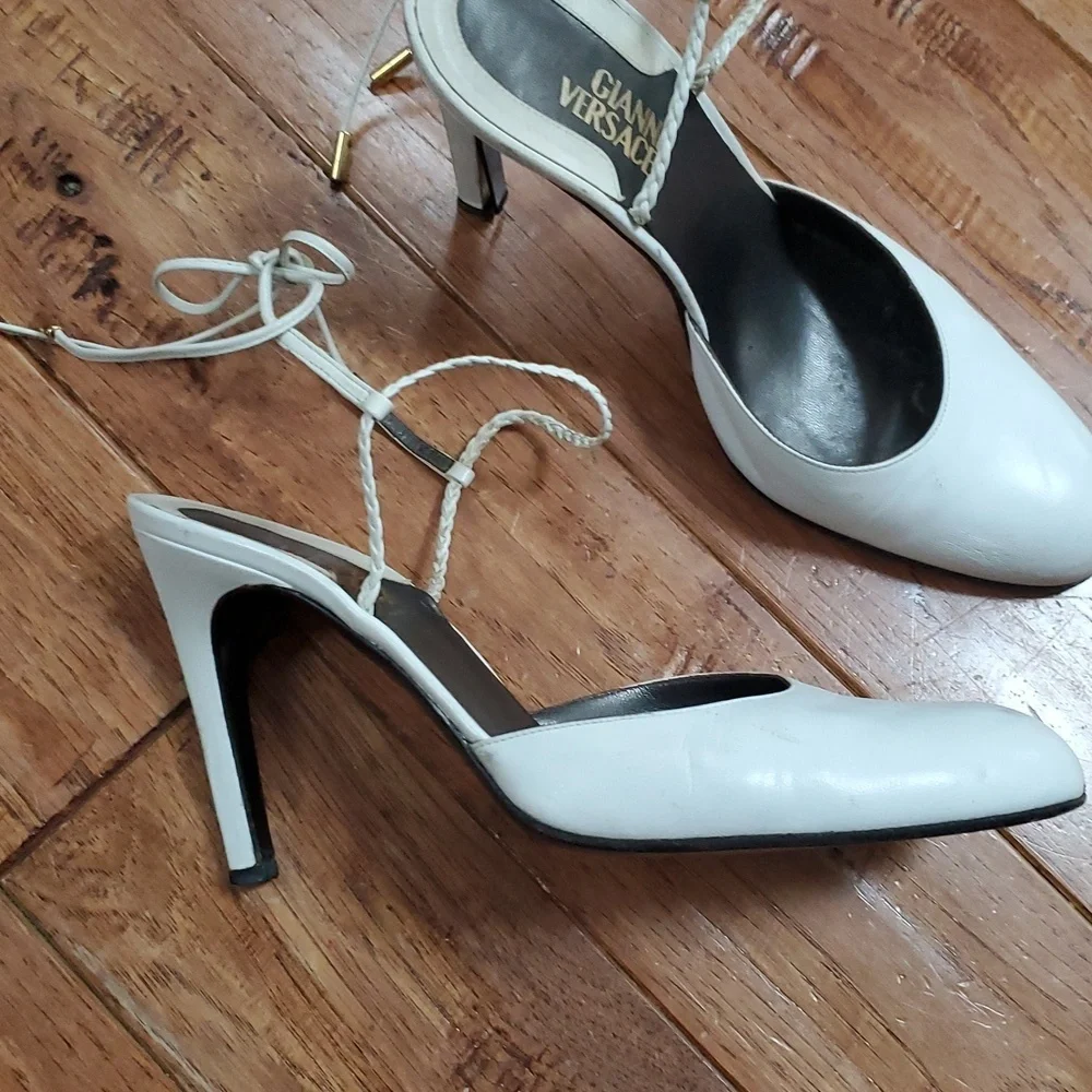 Versace Ankle Tie Glam White Mary Jane Heels